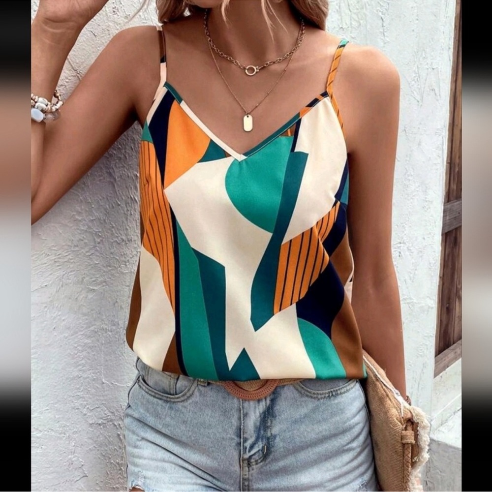 Hapsho Geometric Camisole Tank Top White Green Orange - Picture 5 of 5